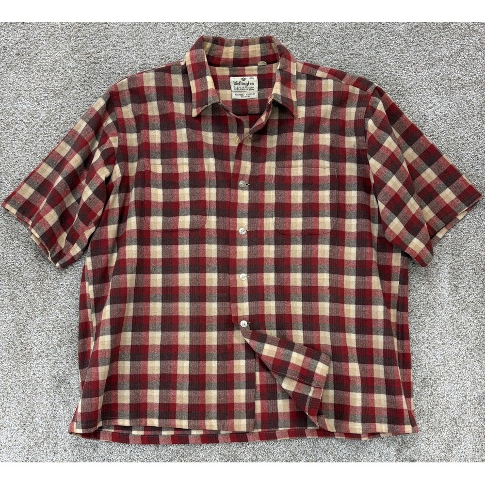 Vintage 60s Wellington Wool Short Sleeve Shirt Men's XL Red Plaid Made in Japan